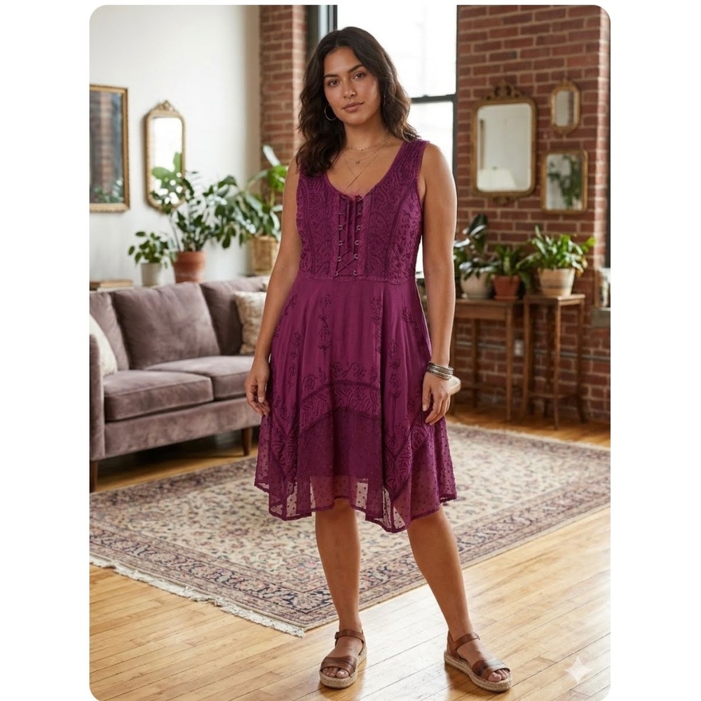 Advance Apparels Midi Dress Womens S/M Plum Embroidered Boho Lace Up Corset  Y2K